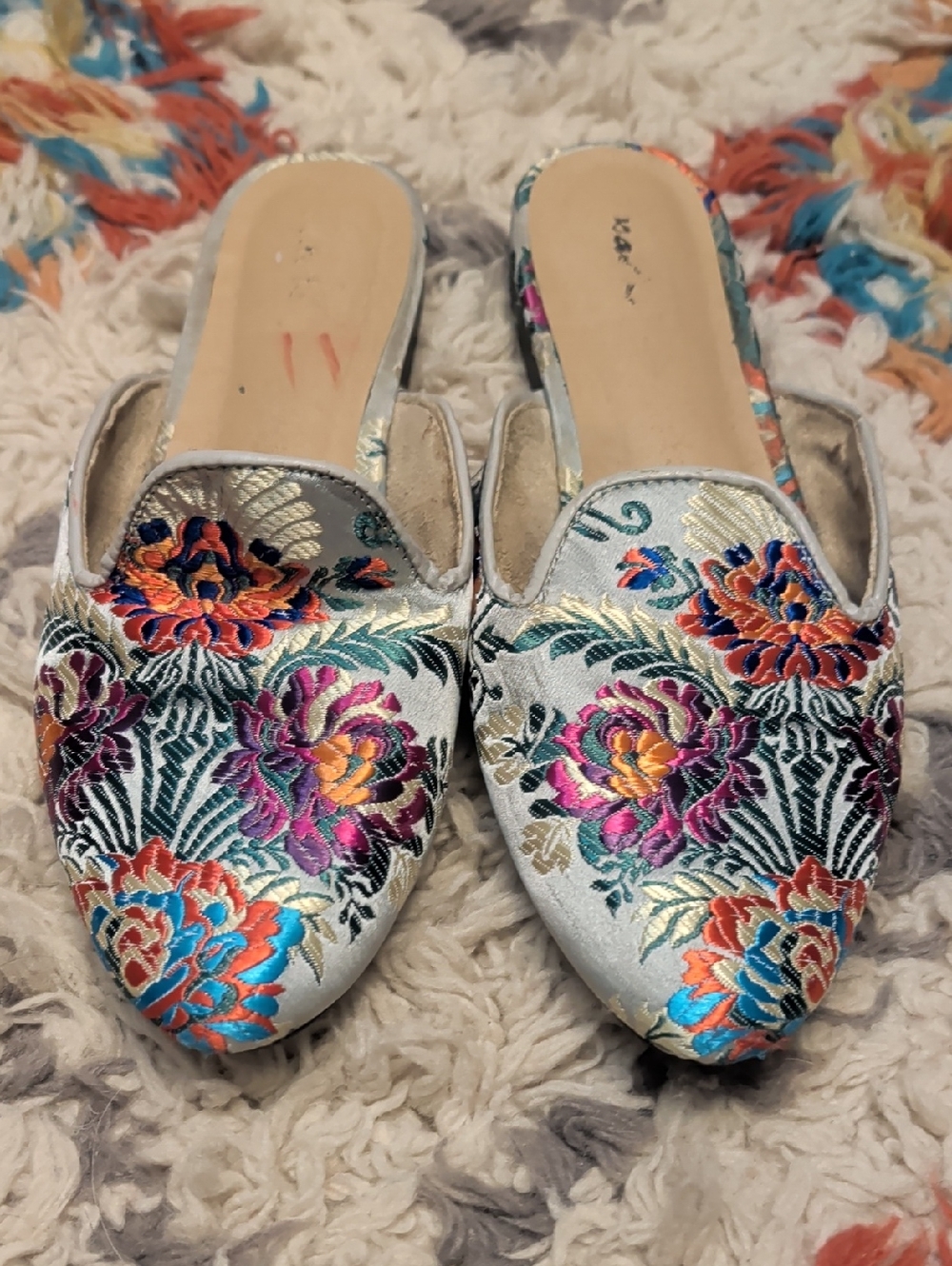Floral Embroidered Slip-On Mules - Silver